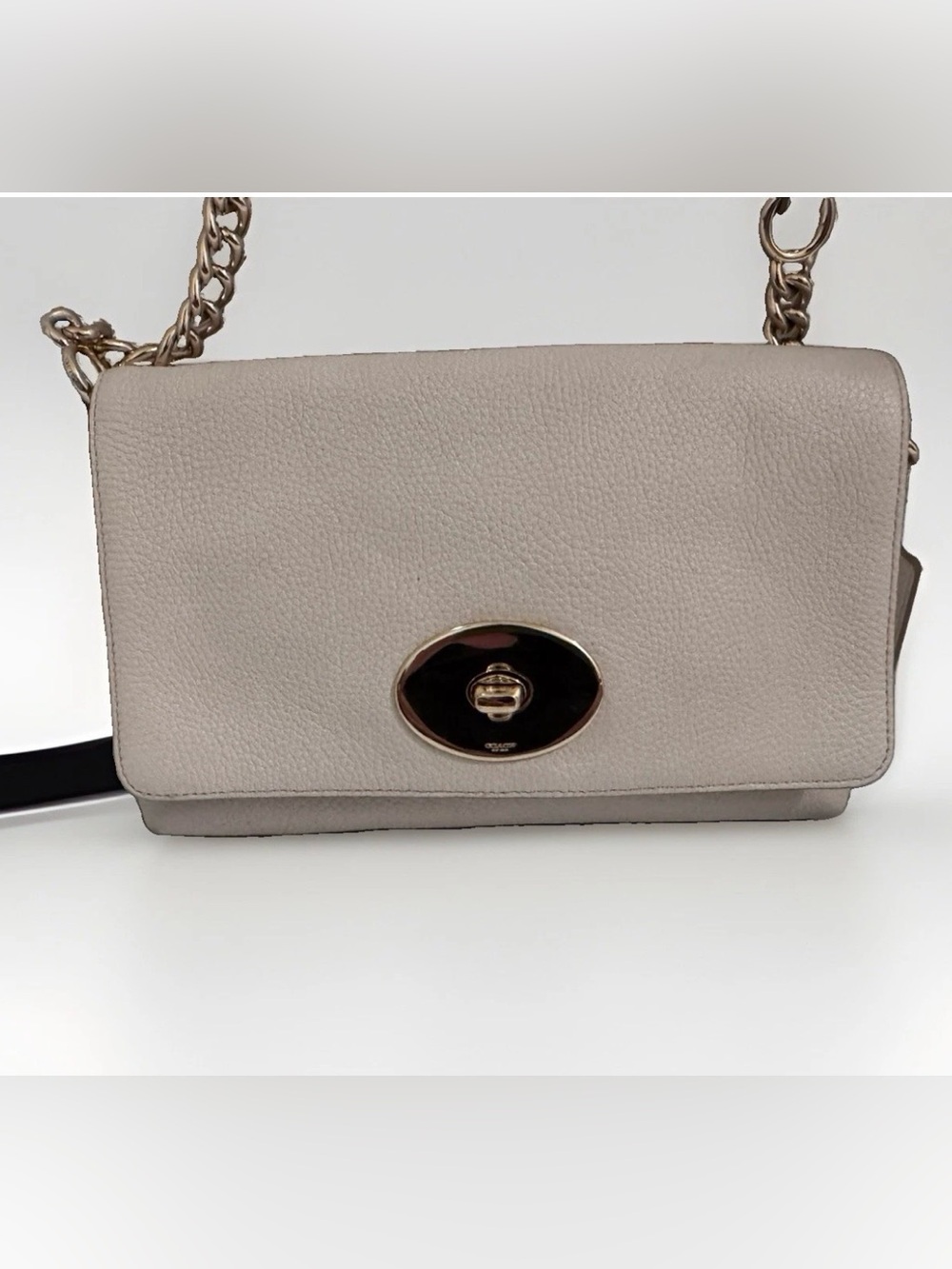 Coach Taupe Pebbled Leather Chain Crossbody Bag with Gold-Tone Hardware